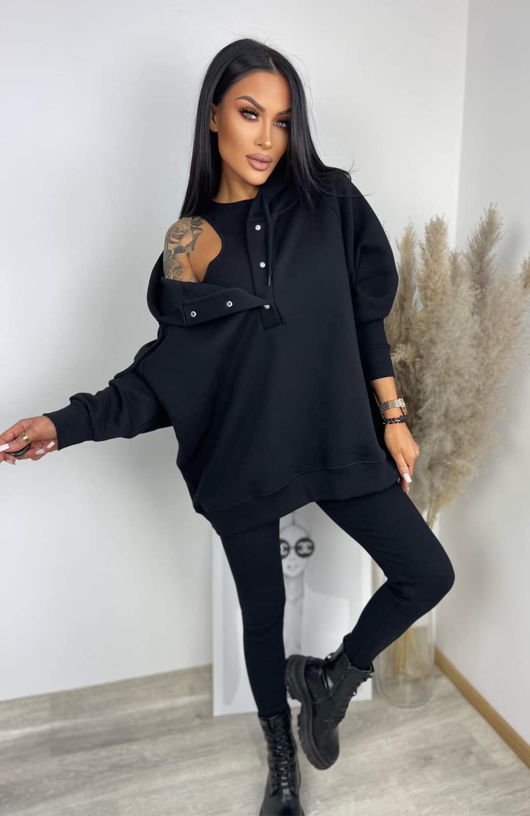 Komplet Bluza + Top + Legginsy Czarny Sevi
