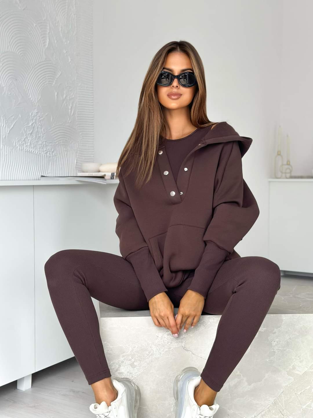 Komplet Bluza + Top + Legginsy Czekoladowy Sevi