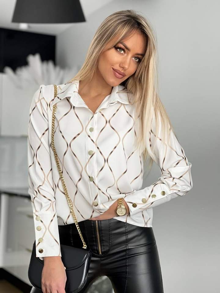 Koszula elegancka print Biało - Beżowa