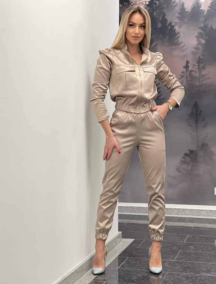 Komplet satynowy Bluza + Spodnie Beżowy