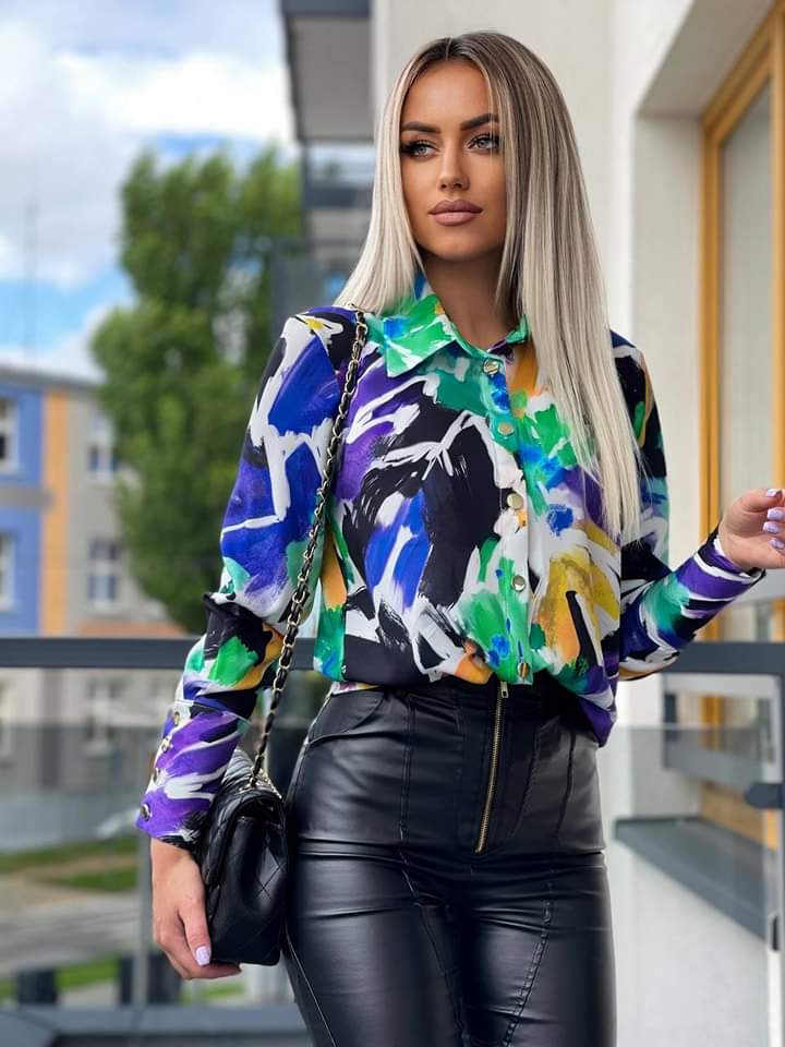 Koszula elegancka print Zielono - Niebieska