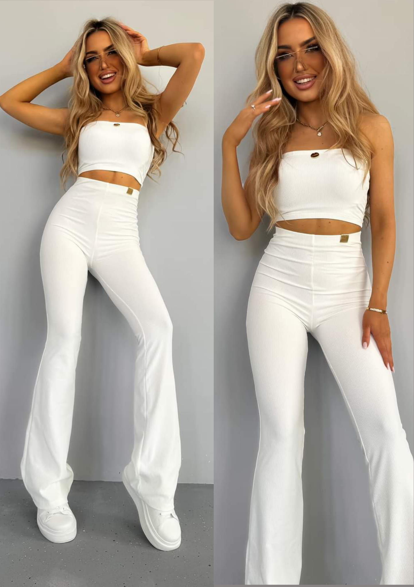 Komplet Top opaska + Legginsy dzwony Śmietankowy LINE
