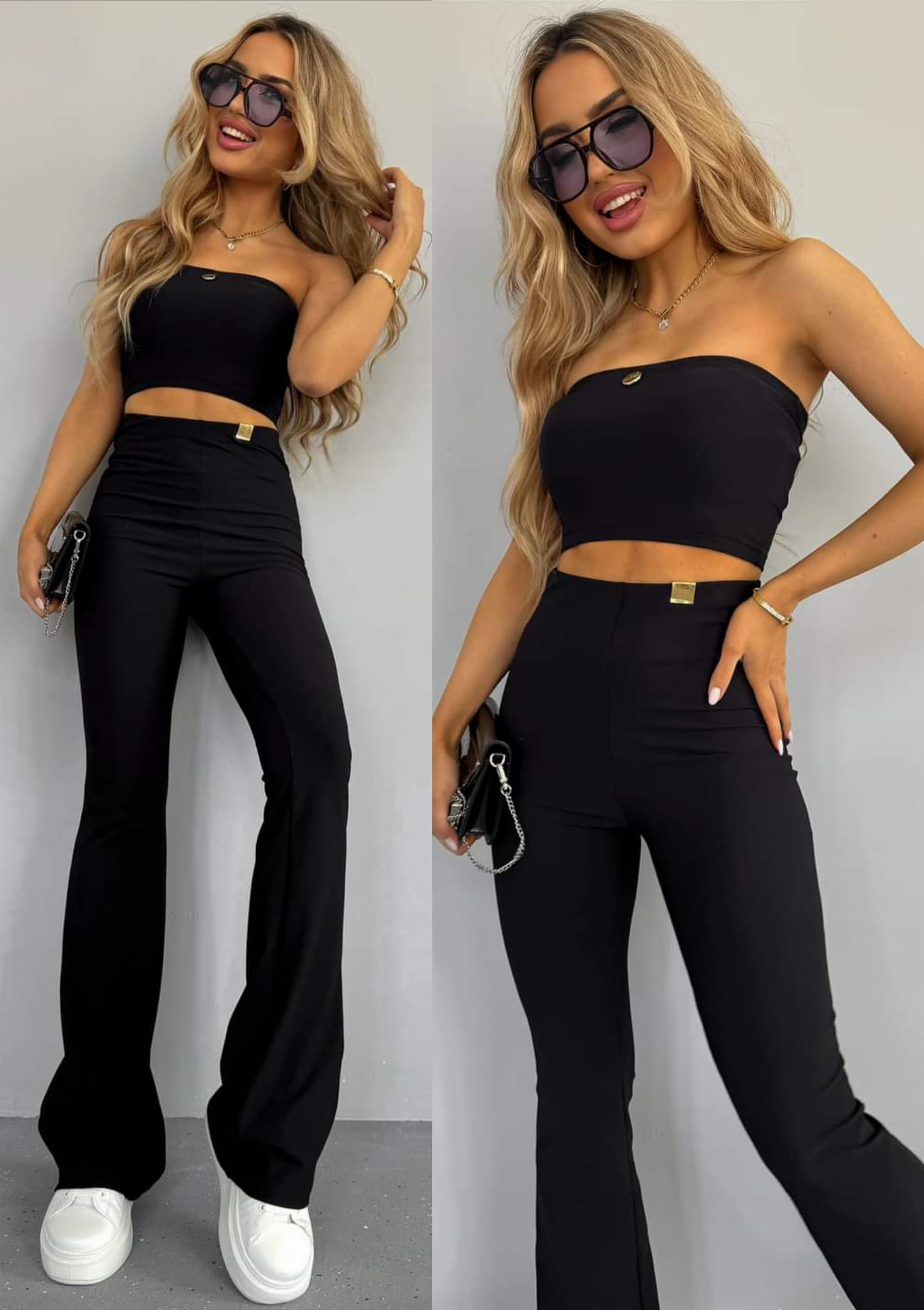 Komplet Top opaska + Legginsy dzwony Czarny LINE