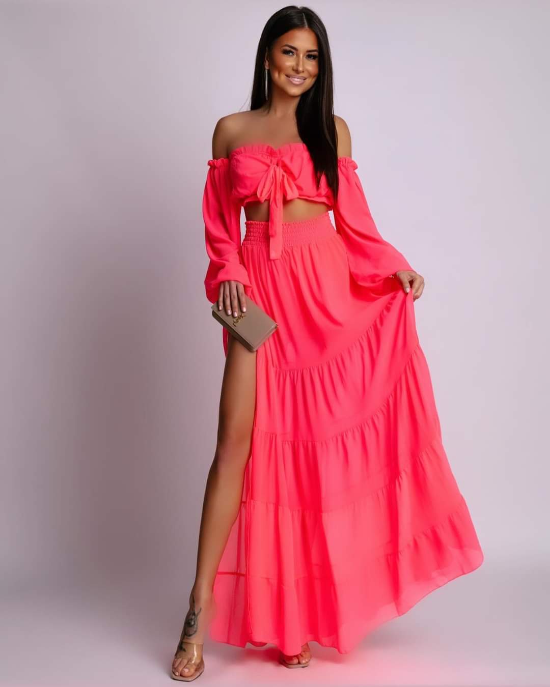 Komplet zwiewny Top + Spodnica Maxi neon Koralowy Poloma
