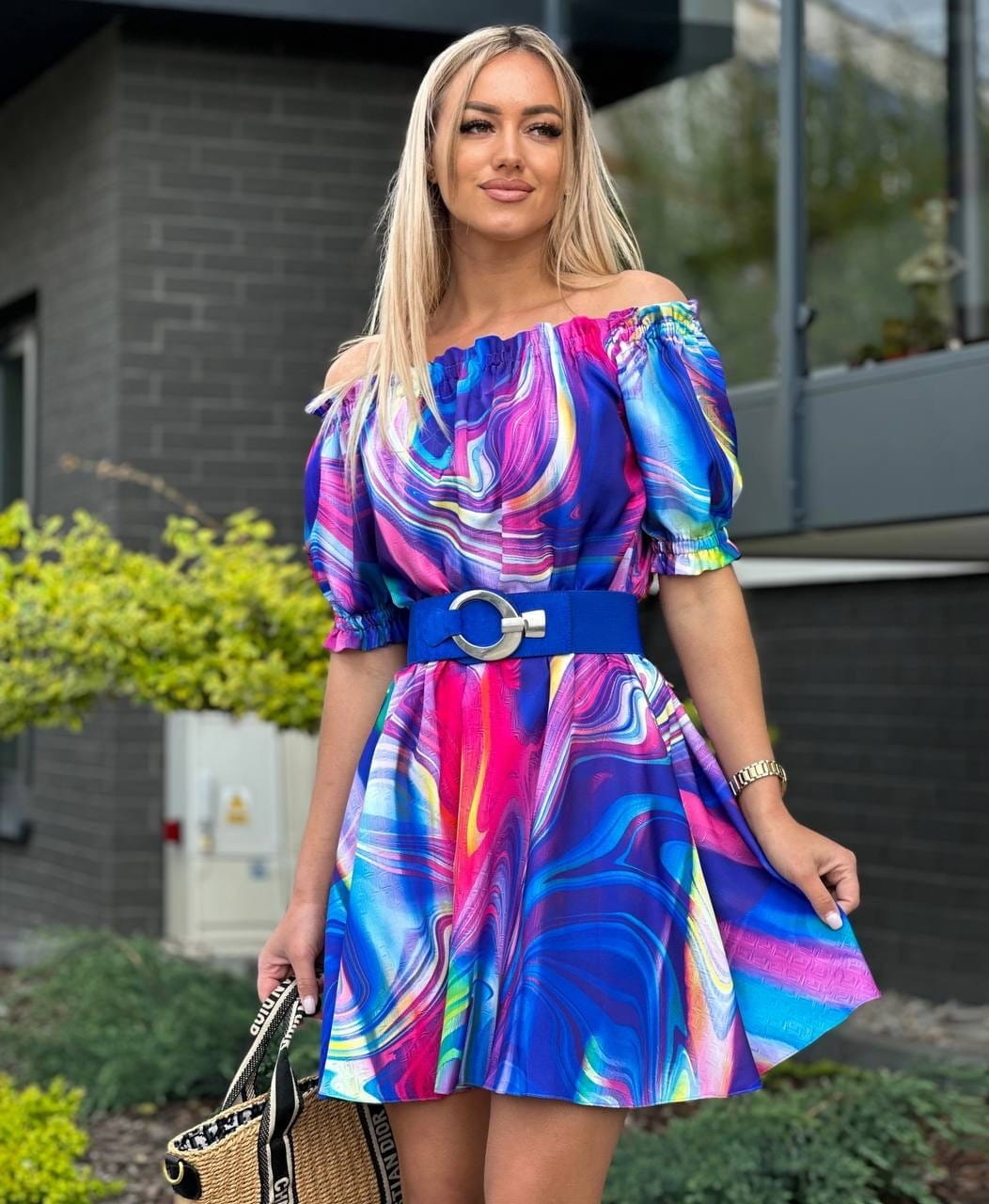 Sukienka hiszpanka mini print Chabrowo - Różowa Lola