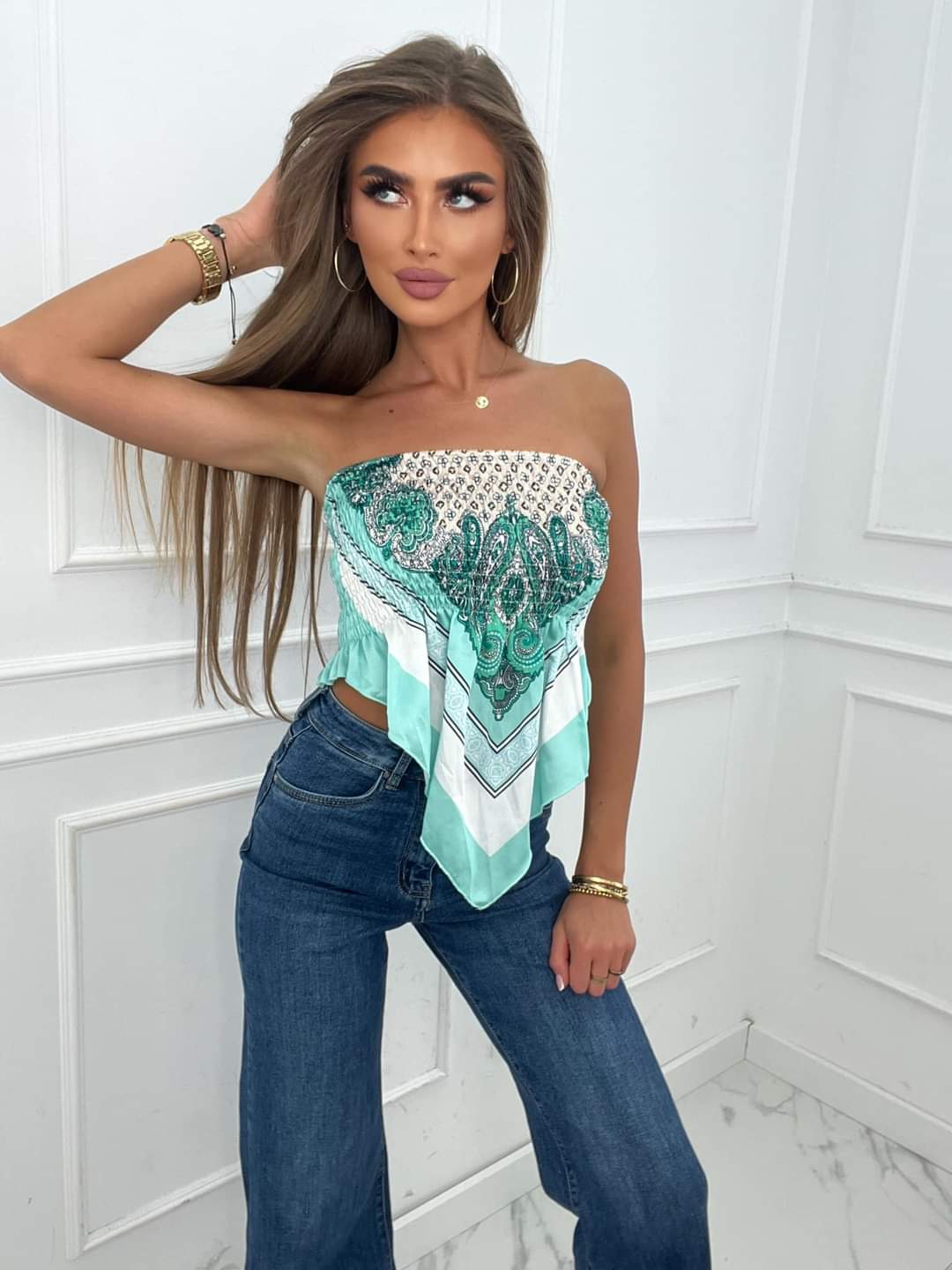 Top satynowy Bandana Print Miętowy