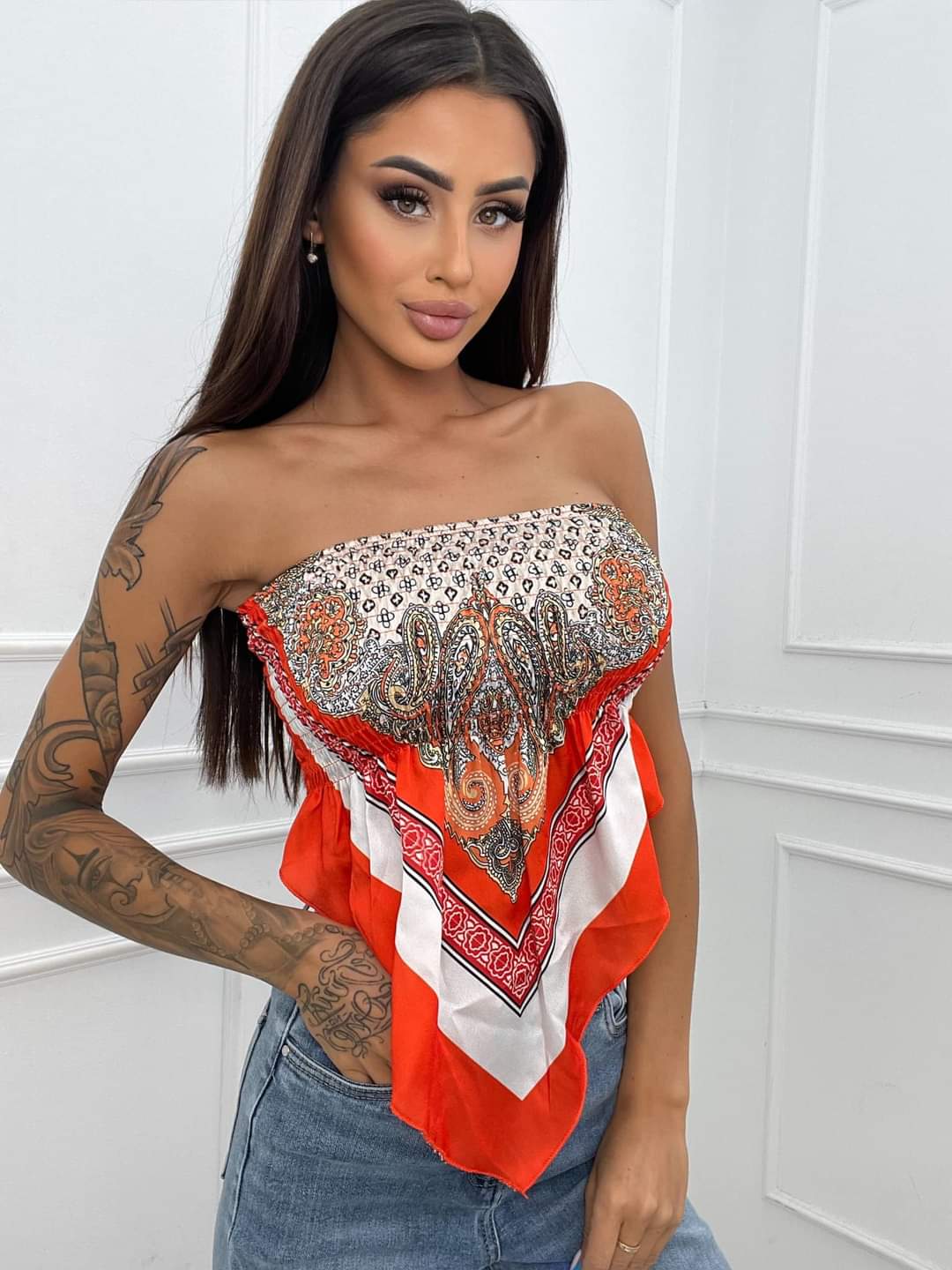 Top Satynowy Bandana Print Koralowy