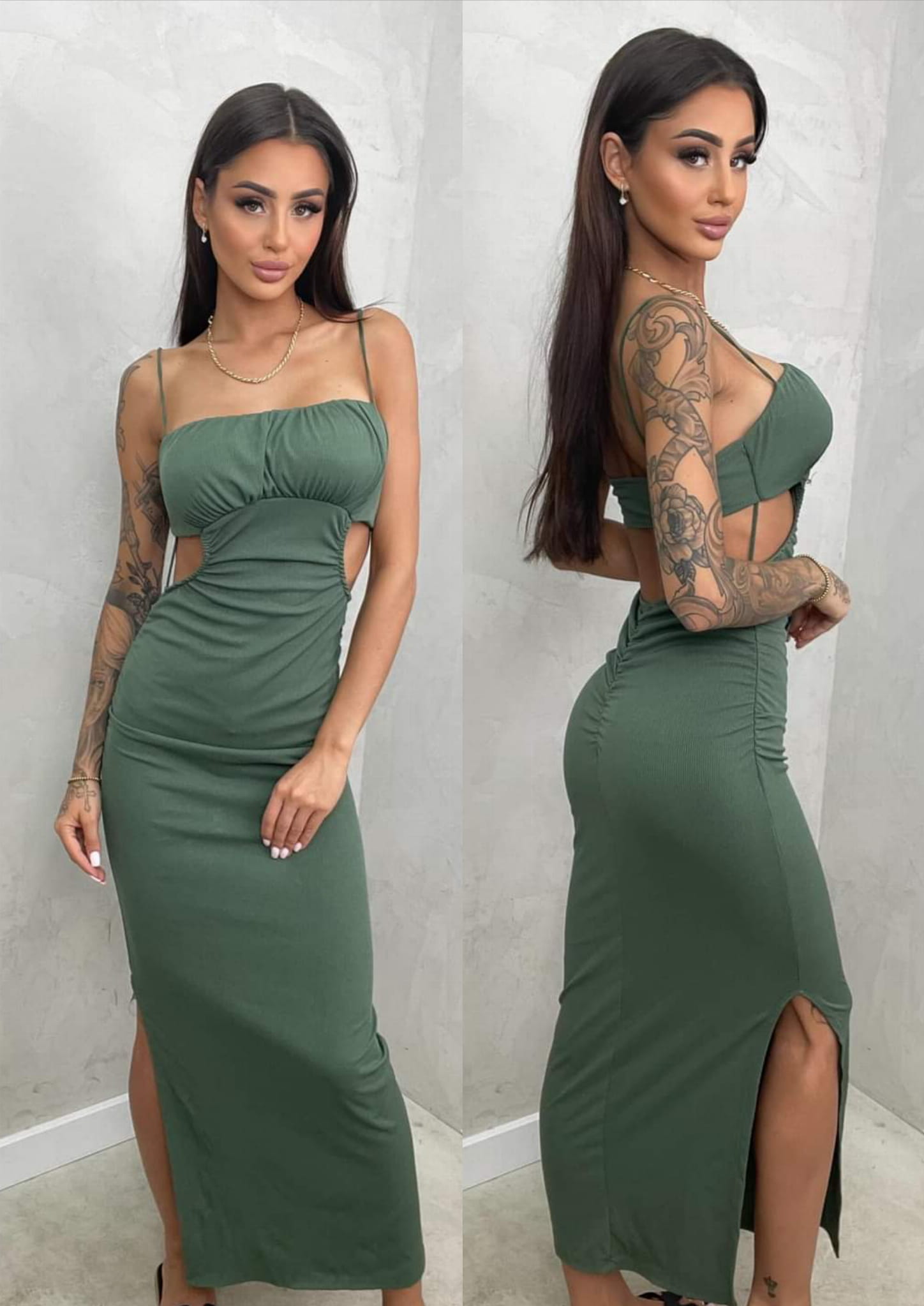 Sukienka z wycieciami Maxi Khaki Karina
