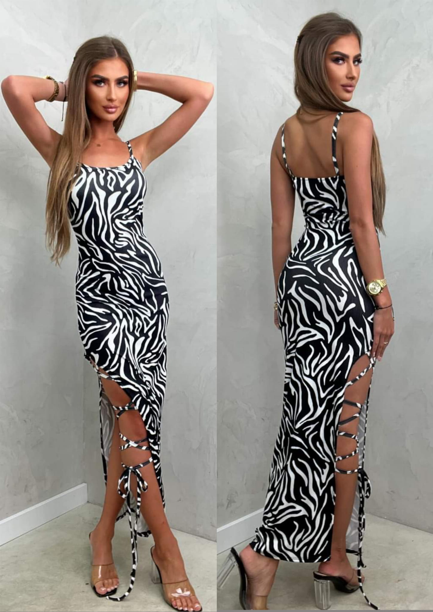 Sukienka MIDI print Zebra z wiązaniem Pako