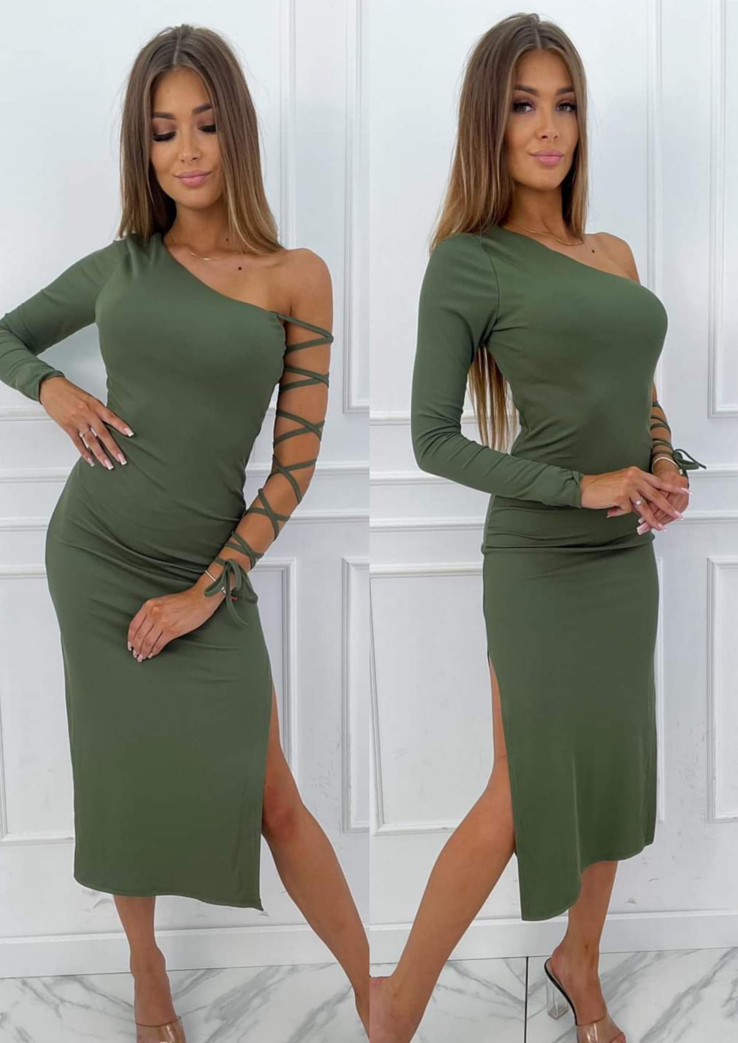 Sukienka midi z wiązaniem KHAKI Mateo