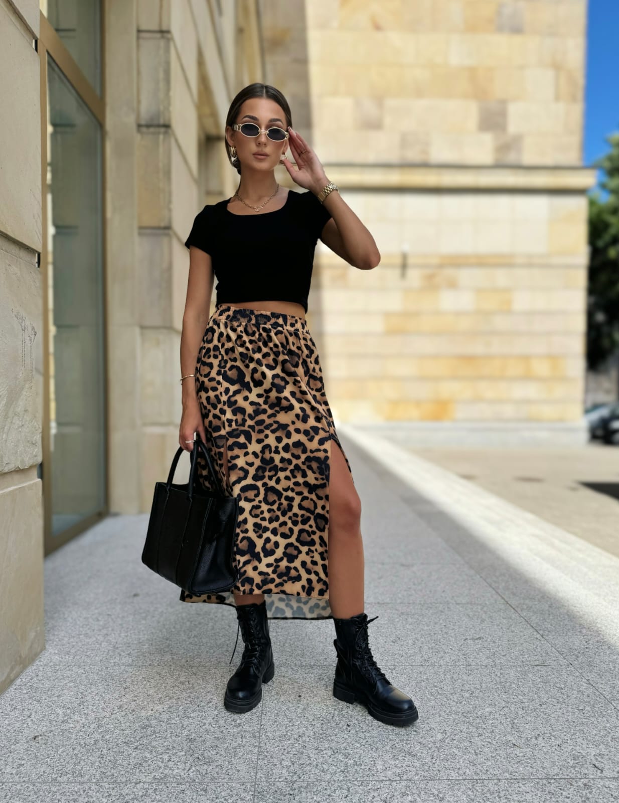 Spódnica midi dwa rozcięcia print Panterka Amelia