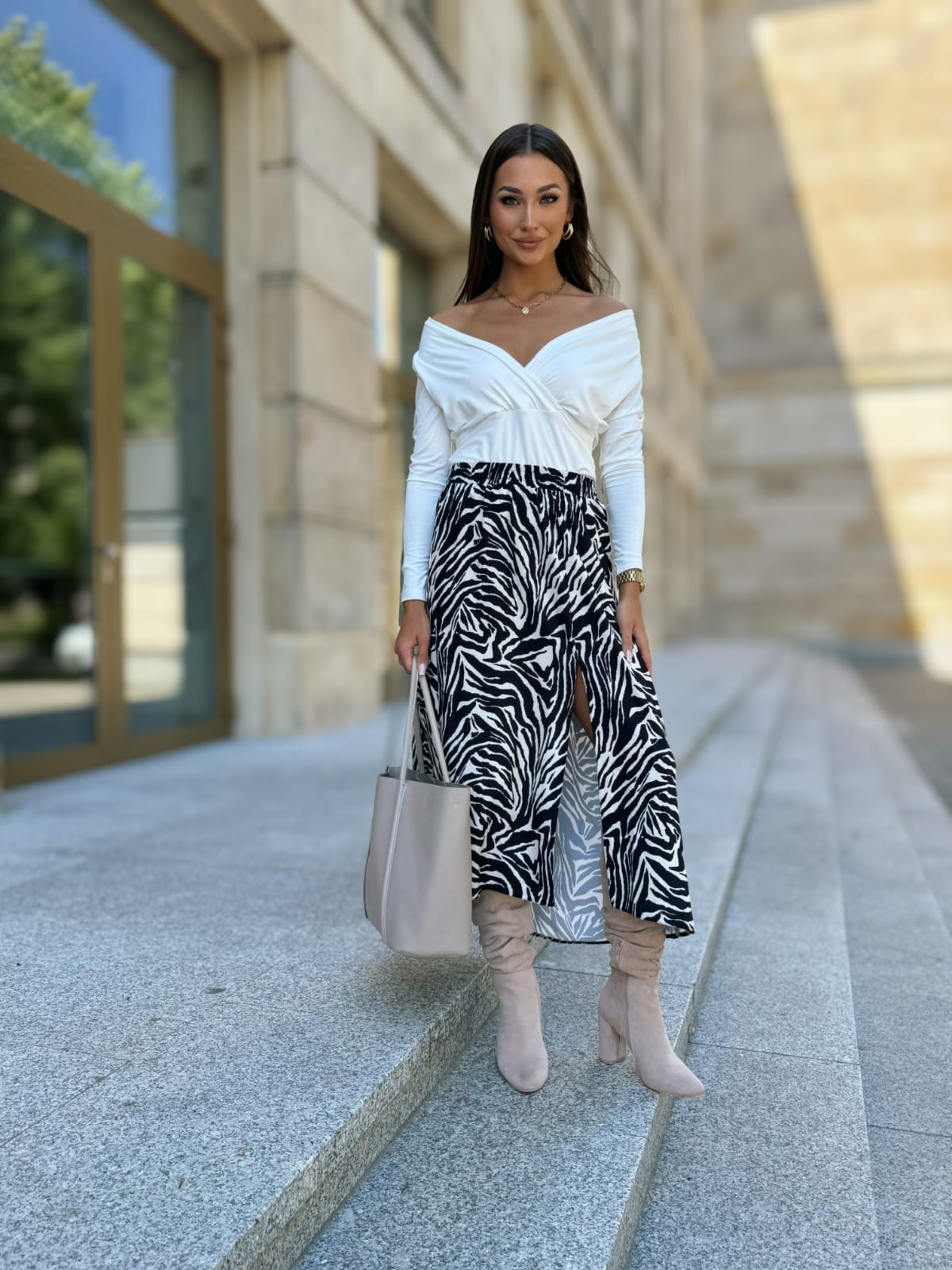 Spódnica midi dwa rozcięcia print Zebra Amelia