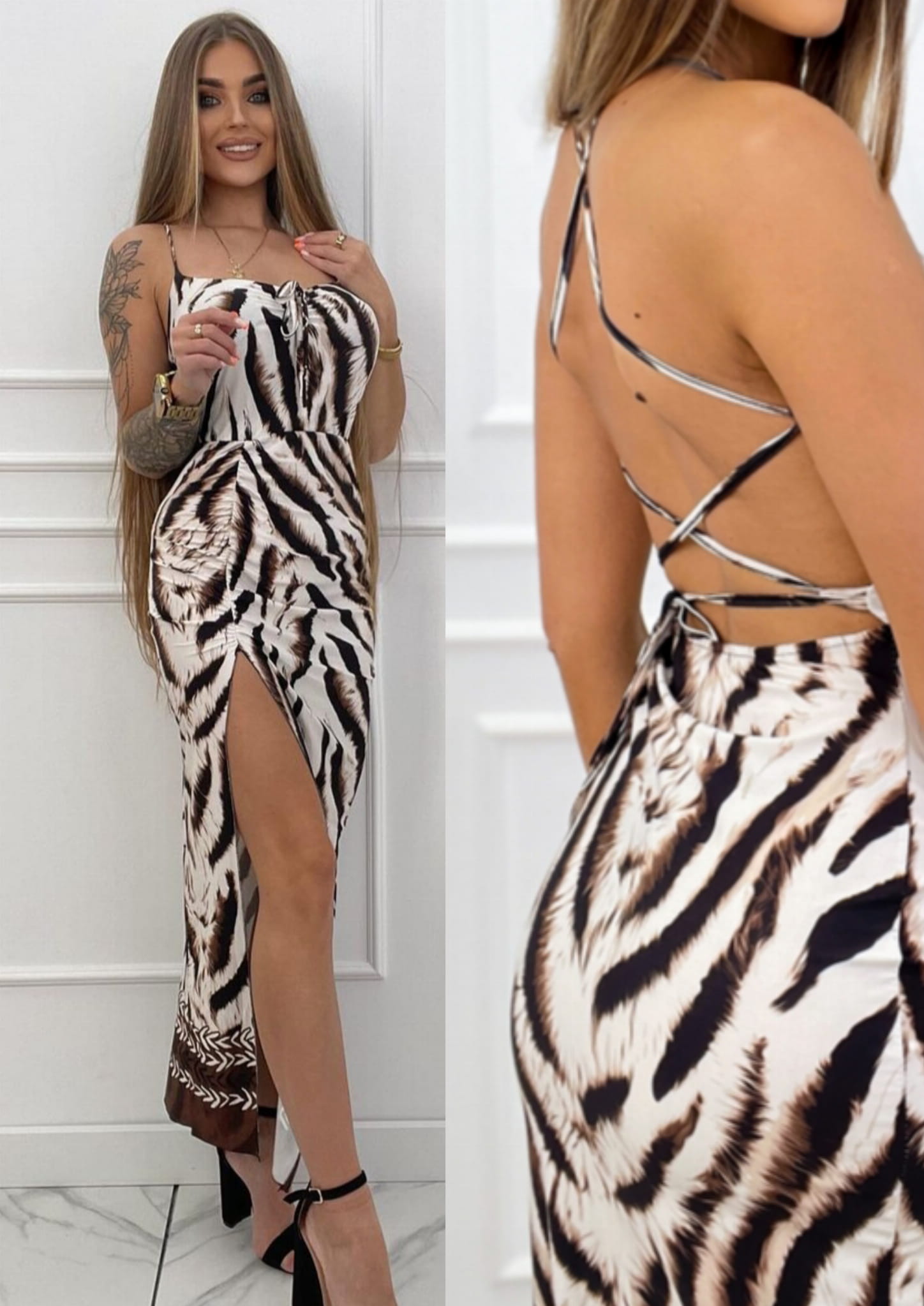 Sukienka MIDI wiązane plecy + wzór Lawinia print Zebra Beżowa