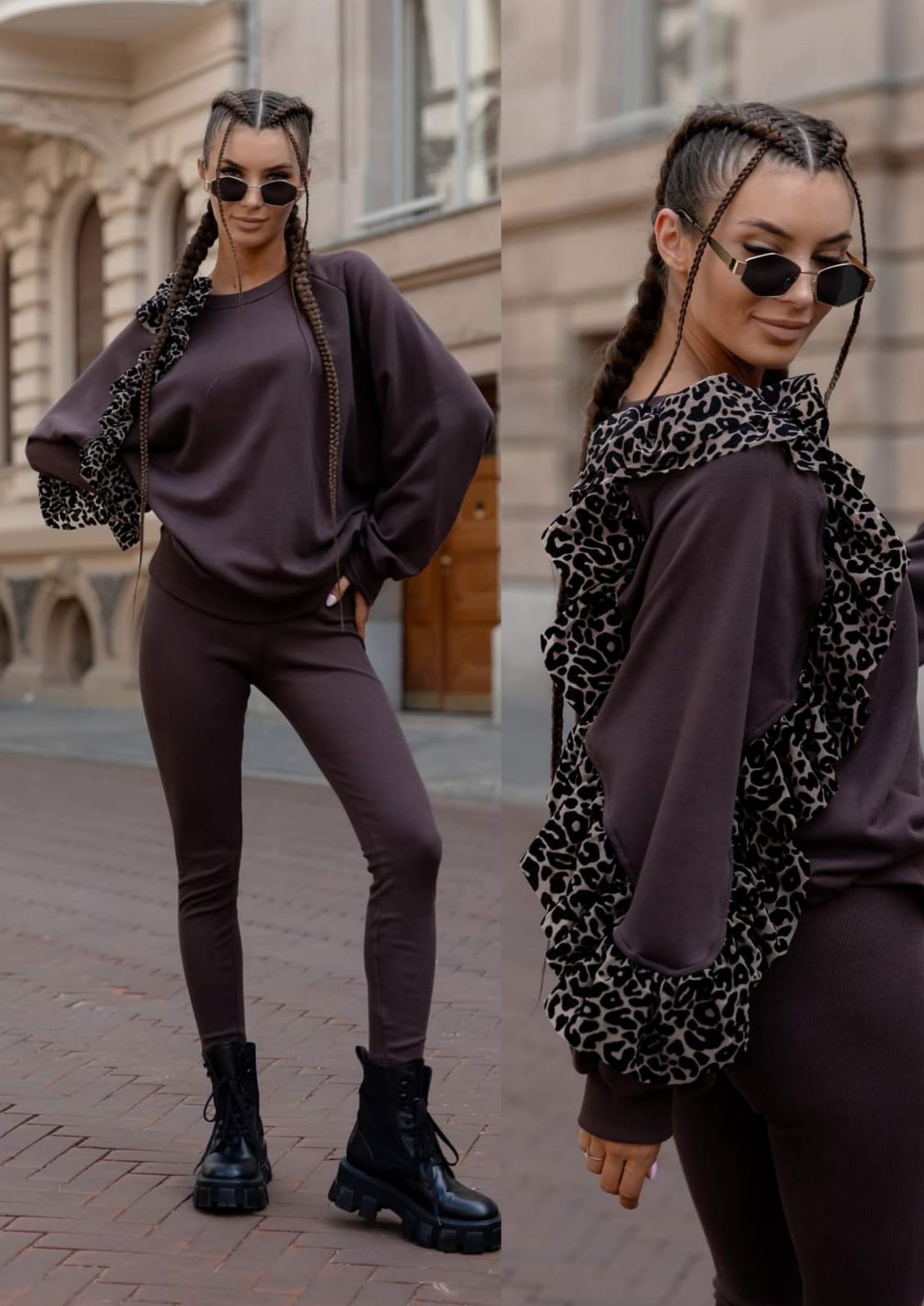 Komplet Bluza + Legginsy z wstawką w panterke Czekoladowy