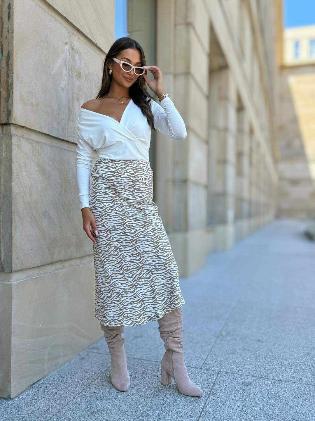Spodnica midi print Zebra ECRU-BEŻ