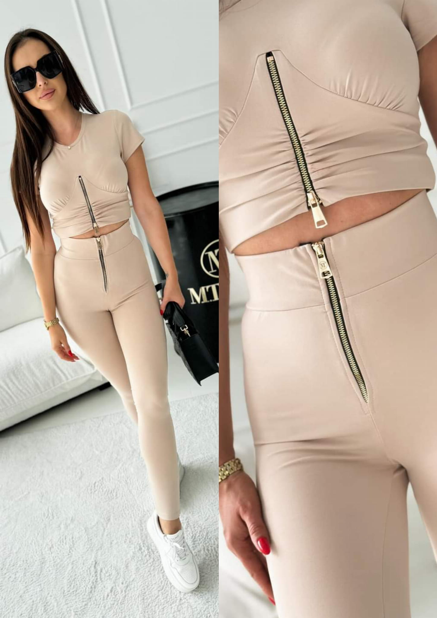 Komplet Bluzka + Legginsy ZIP Beżowyy ELISABETTA